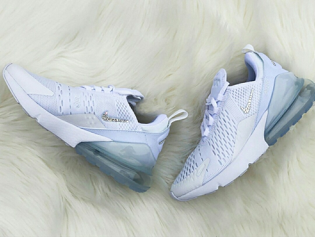 Swarovski Women's Nike Air Max 270 All White Sneakers Blinged Out With Authentic Clear Swarovski Crystals Custom Bling Nike Shoes MakerPlace by